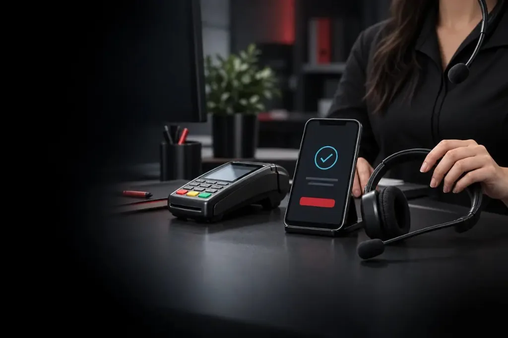Checkout confirmation on a phone next to a payment terminal and support headset