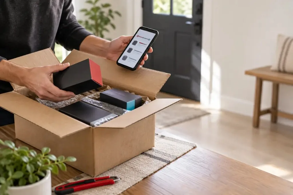 Customer unpacking a delivered order at home while checking the order status on a phone
