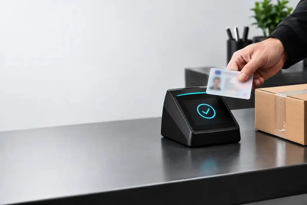 Age verification at pickup: an ID card presented at a counter next to a parcel