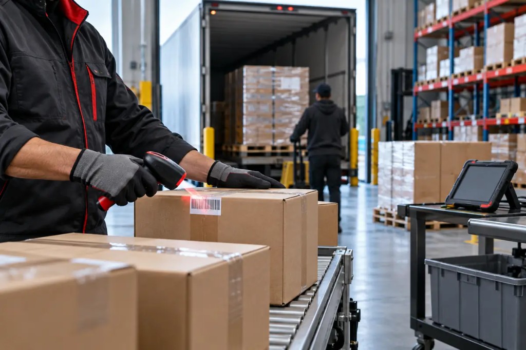 Warehouse associate scanning inbound cartons at a U.S. fulfillment dock