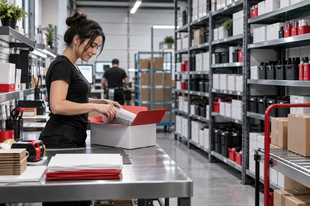 Team member packing a protected order at a U.S. warehouse station