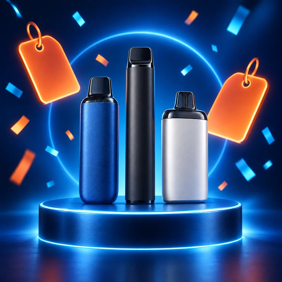 Three disposable vapes on a lit podium with sale tags