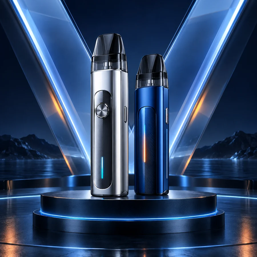 Two Vaporesso pod kits on a lit podium