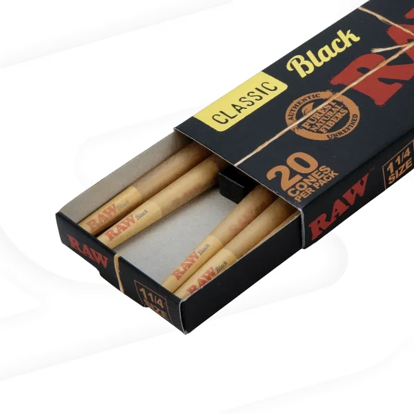 RAW Cones Black 1 1/4 Size - 20 Cones Per Pack